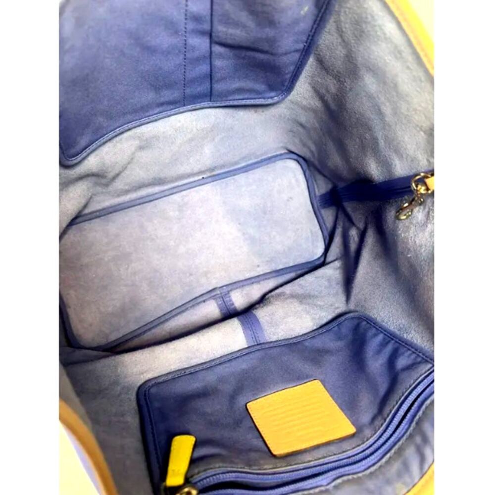 Coach Blue Leather Tote Bag Tan Trim Yellow Accent Shoulder Handbag - Picture 5 of 7